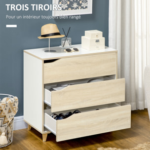 Commode design scandinave 3 tiroirs piètement effilé panneaux MDF blanc aspect bois clair