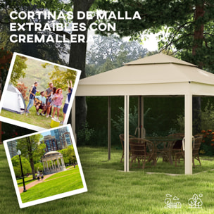 Outsunny Carpa Plegable 325x325x270 cm Cenador de Jardín Gazebo con Doble Techo Paredes Laterales Desmontables y Marco Metálico para Camping Fiestas Crema