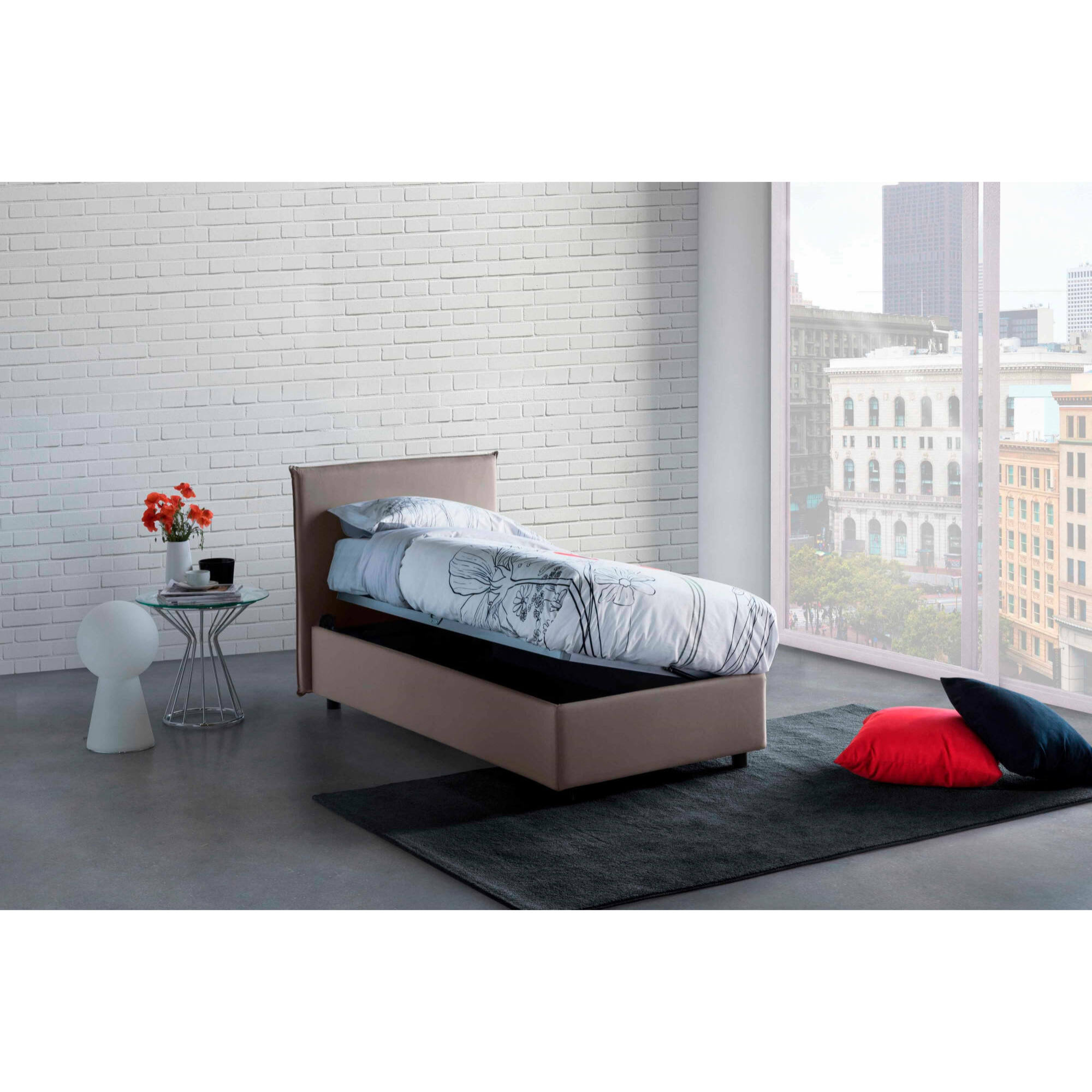 Letto singolo Acuila, Letto contenitore con rivestimento in tessuto, 100% Made in Italy, Apertura laterale, adatto per materasso Cm 80x190, Tortora