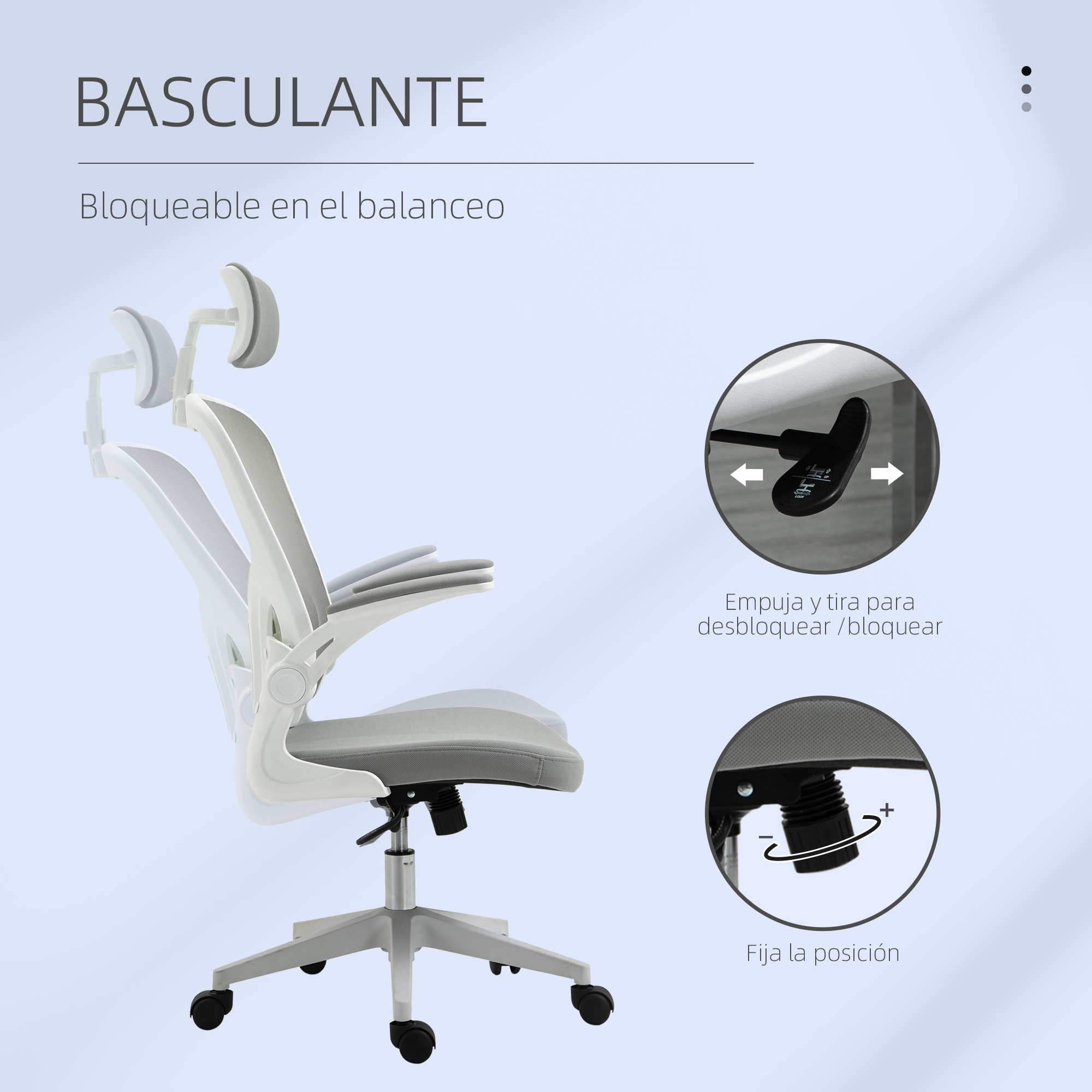 Vinsetto Silla de Oficina de Malla Ergonómica Silla Escritorio Giratoria con Altura Ajustable Reposabrazos Plegable Reposacabezas y Soporte Lumbar Regulables 65x64x114-122 cm Gris