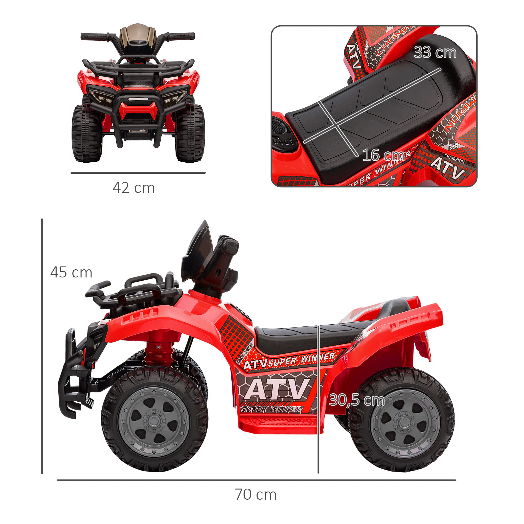 Quad Eléctrico para Niños de +18 Meses Vehículo Eléctrico a Batería 6V Infantil con Velocidad de 2 km/h y Avance 70x42x45 cm Rojo