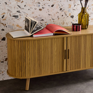 Meuble TV scandinave 2 portes coulissantes. 4 compartiments. effet bois rainuré naturel. L120 x 40 x 57 cm