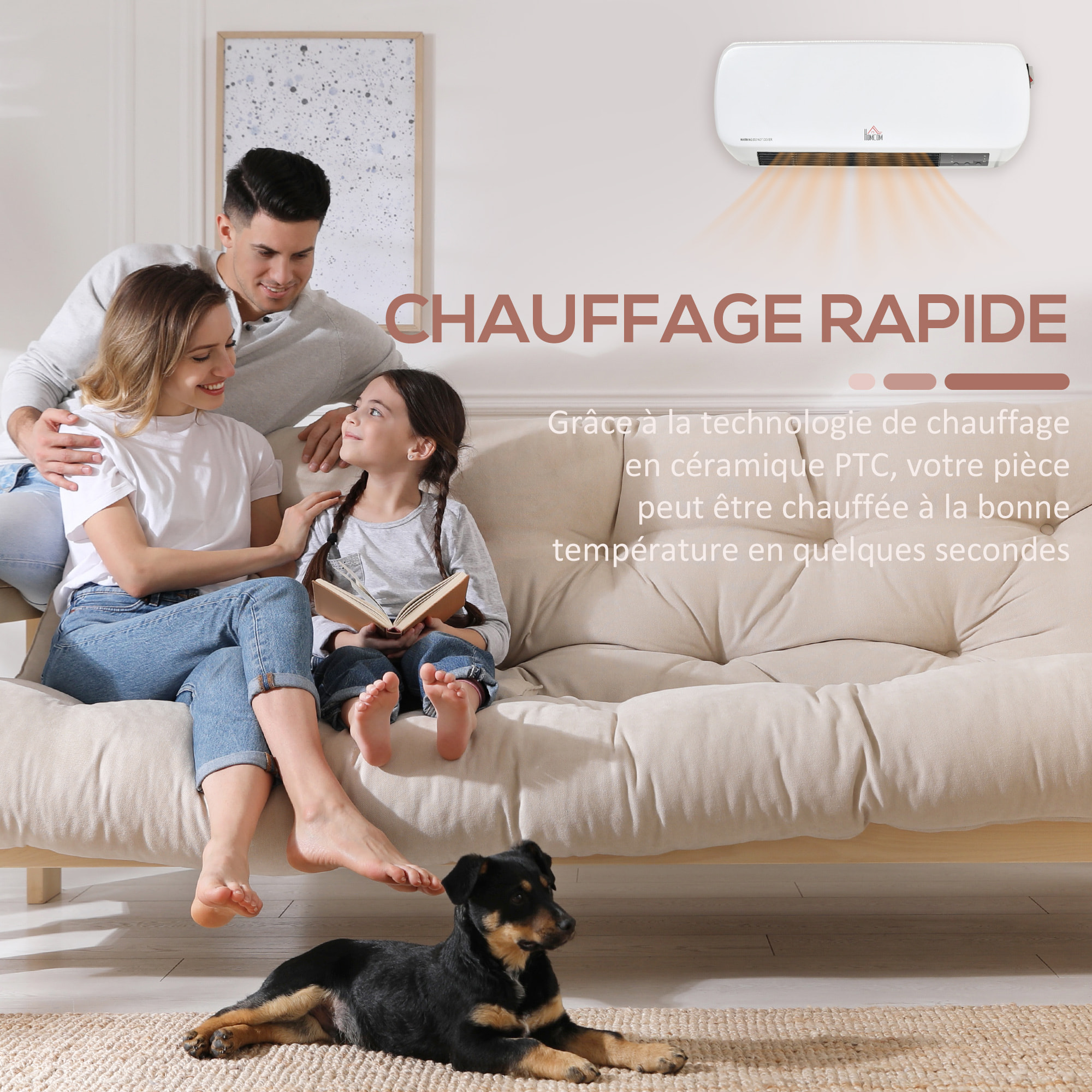 Radiateur mural soufflant 2000 W - chauffage céramique PTC - 3 niveaux de puissance - télécommande incluse blanc noir