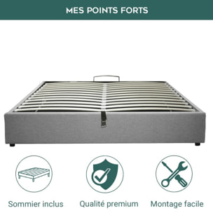 Lit coffre sommier relevable inventif gris | Ouverture à assistance électrique | Modele Futura Tissus | Grande capacite de stockage