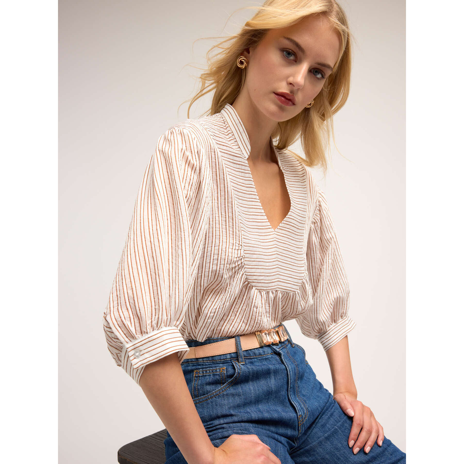 Motivi - Blusa oversize de muselina a rayas - Blanco