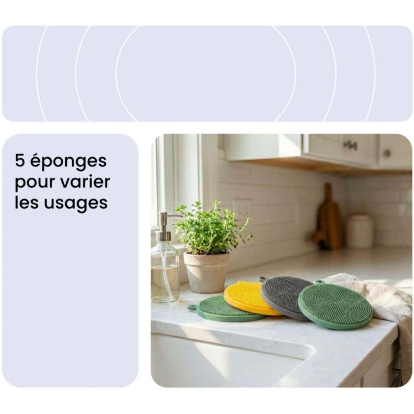 Eponge ESSENTIELB en Silicone x5 - Hygiénique et Réutilisable, Nettoyage Multi-usages, Surfaces et Anti-rayures