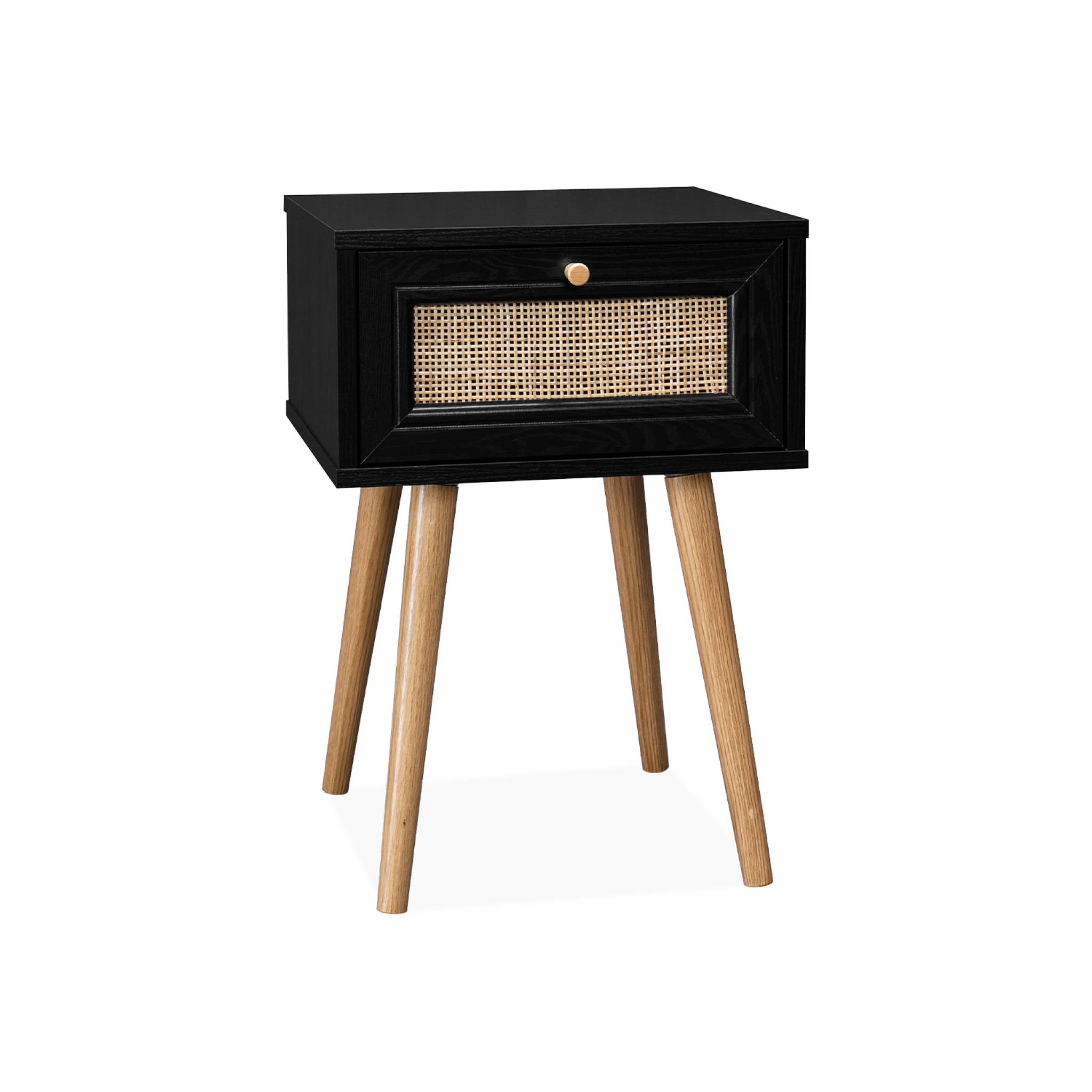Table de chevet effet bois & cannage avec 1 tiroir - coloris noir - Bohème