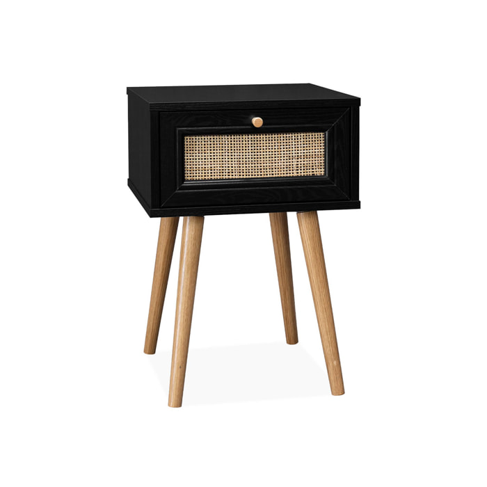 Table de chevet effet bois & cannage avec 1 tiroir - coloris noir - Bohème