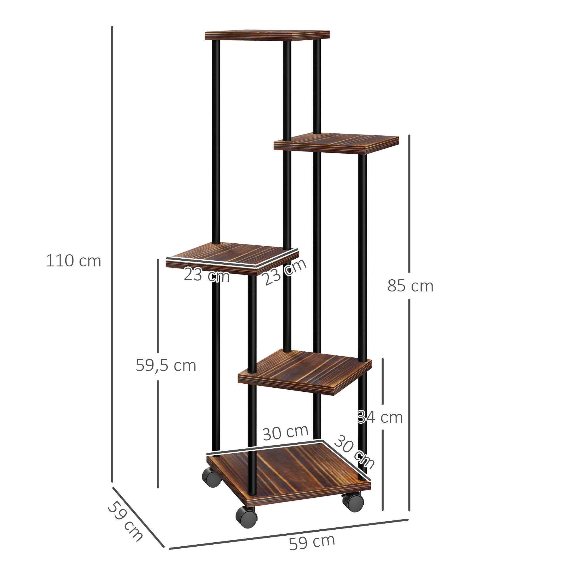 Estantería para Plantas de 5 Niveles Soporte para Plantas de Madera y Acero con 5 Estantes Cuadradas y 4 Ruedas Soporte para Macetas para Interior y Exterior 59x59x110 cm Carbonizado