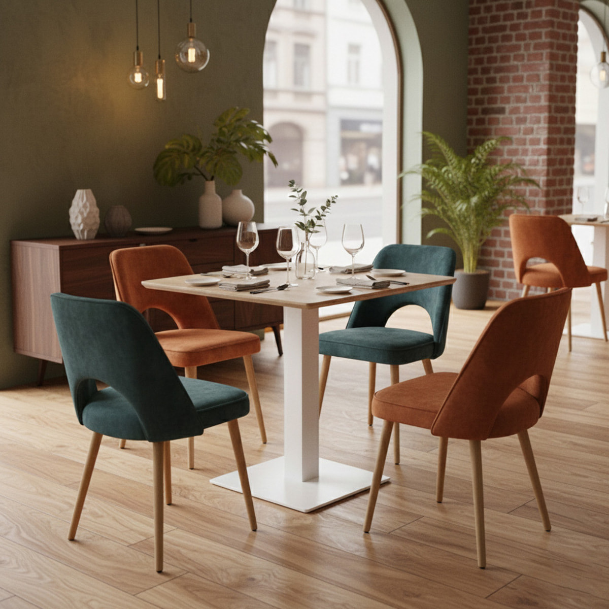 Tavolo quadrato 70x70 con top rovere e colonna centrale bianca - Jago