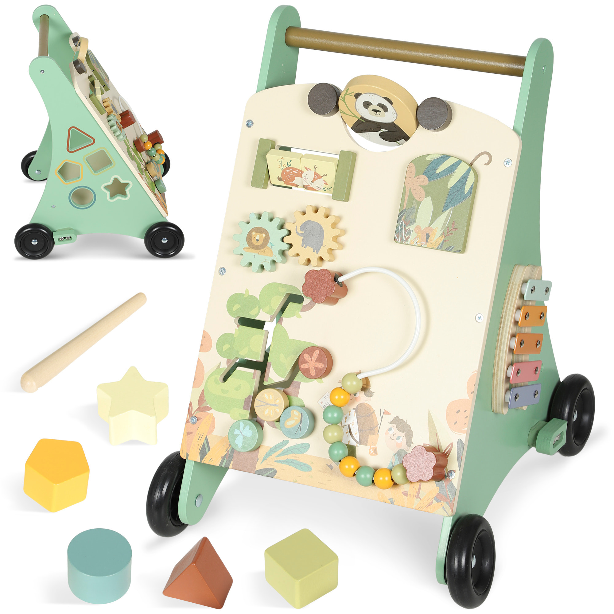 Andador Madera Bebé, Juguete de Andador, Centro de Actividades de Aprendizaje Montessori Control de Velocidad, con Xilófono, Engranajes, Laberinto, Cuentas, Para Niños de +18 Meses, Verde