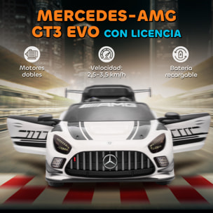Coche Eléctrico para Niños, Mercedes-AMG GT3 Evo, Coche de Batería 12V, con Mando a Distancia 2,4 G, Motor Doble, Ruedas Auxiliares, Asa de Arrastre, Música Inalámbrica, Faros, Blanco