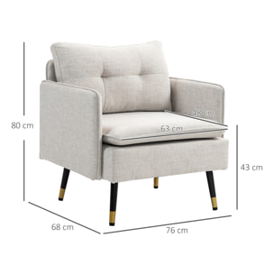 Sillón de Salón Tapizado en Lino Butaca de Salón 76 cm con Cojines Reposabrazos y Patas de Acero para Dormitorio Oficina Carga 120 kg Crema