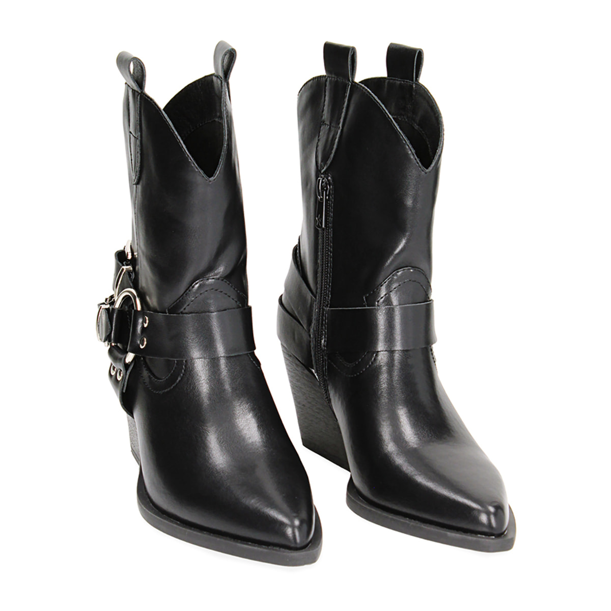 Tronchetti texani neri con fibbie, tacco 6,5 cm