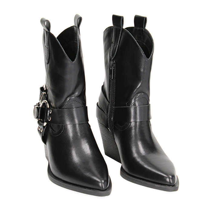 Tronchetti texani neri con fibbie, tacco 6,5 cm