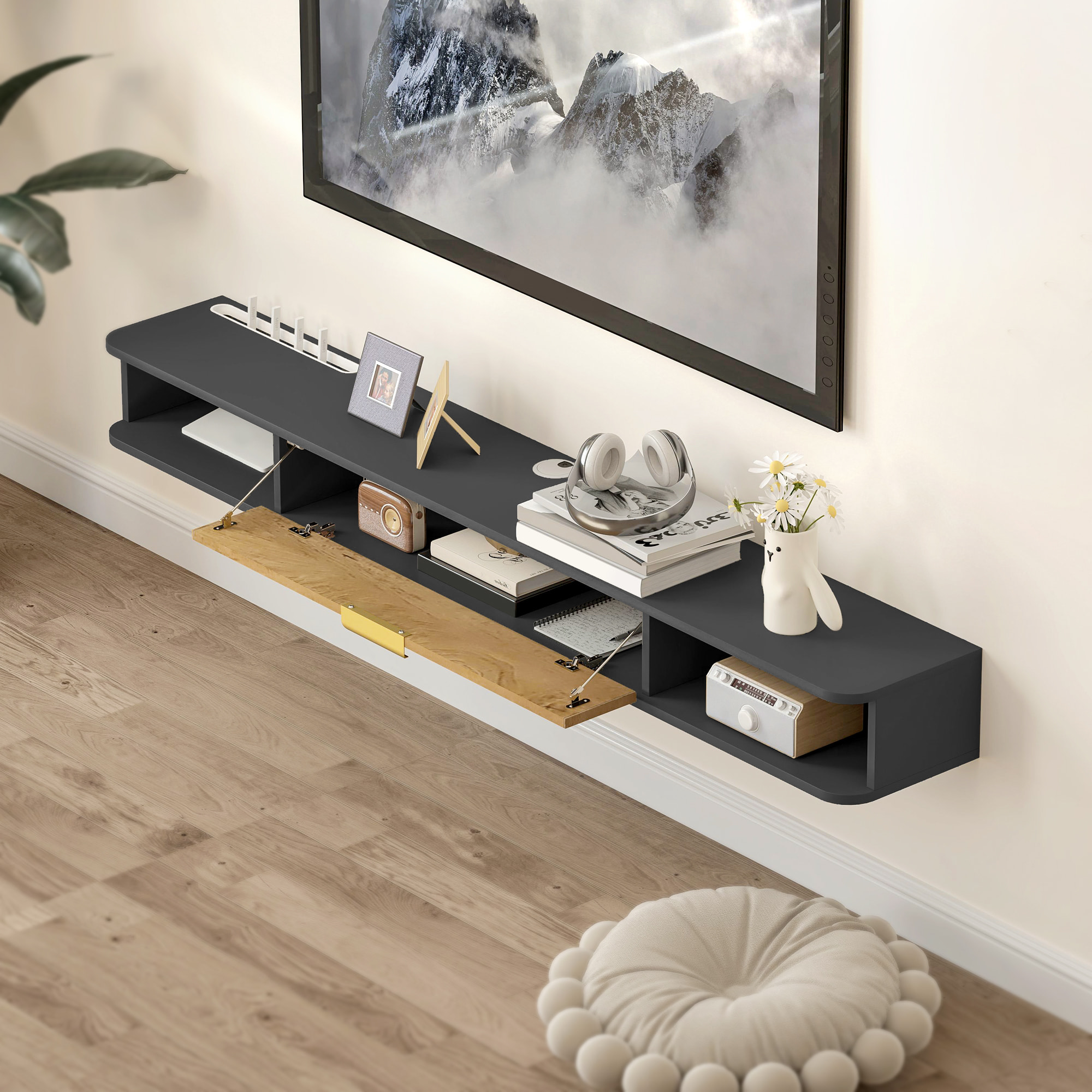 Meuble TV design suspendu - meuble TV mural - 2 niches, porte abbatante - dim. 160 x 24 x 16 cm - gris charbon effet bois