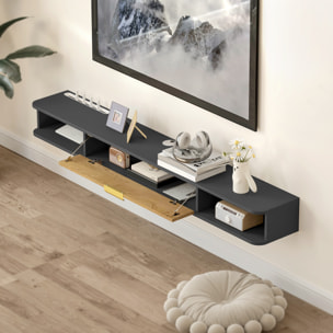 Meuble TV design suspendu - meuble TV mural - 2 niches, porte abbatante - dim. 160 x 24 x 16 cm - gris charbon effet bois