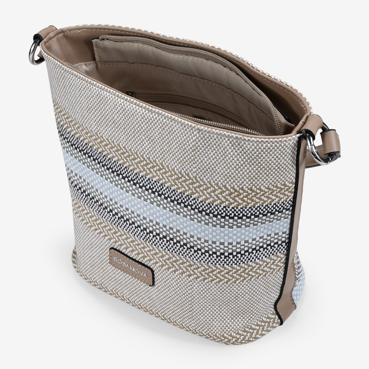 Bolso de hombro taupe y beige con rayas