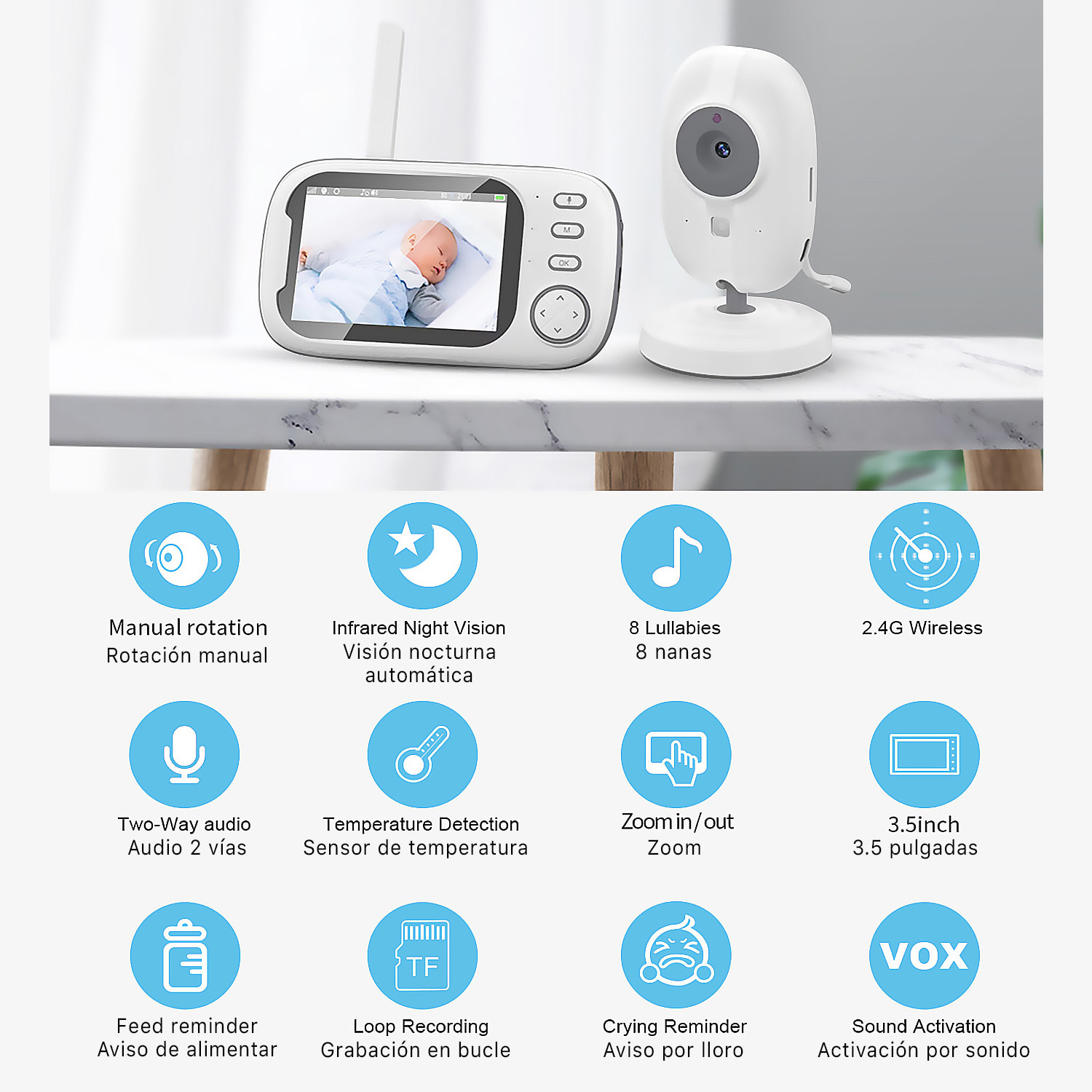 Telecamera VB603 Pro Baby Monitor HD 720P, con schermo 3.5 indipendente. Rilevamento di movimento e temperatura, comunicazione bidirezionale, Wi-Fi.