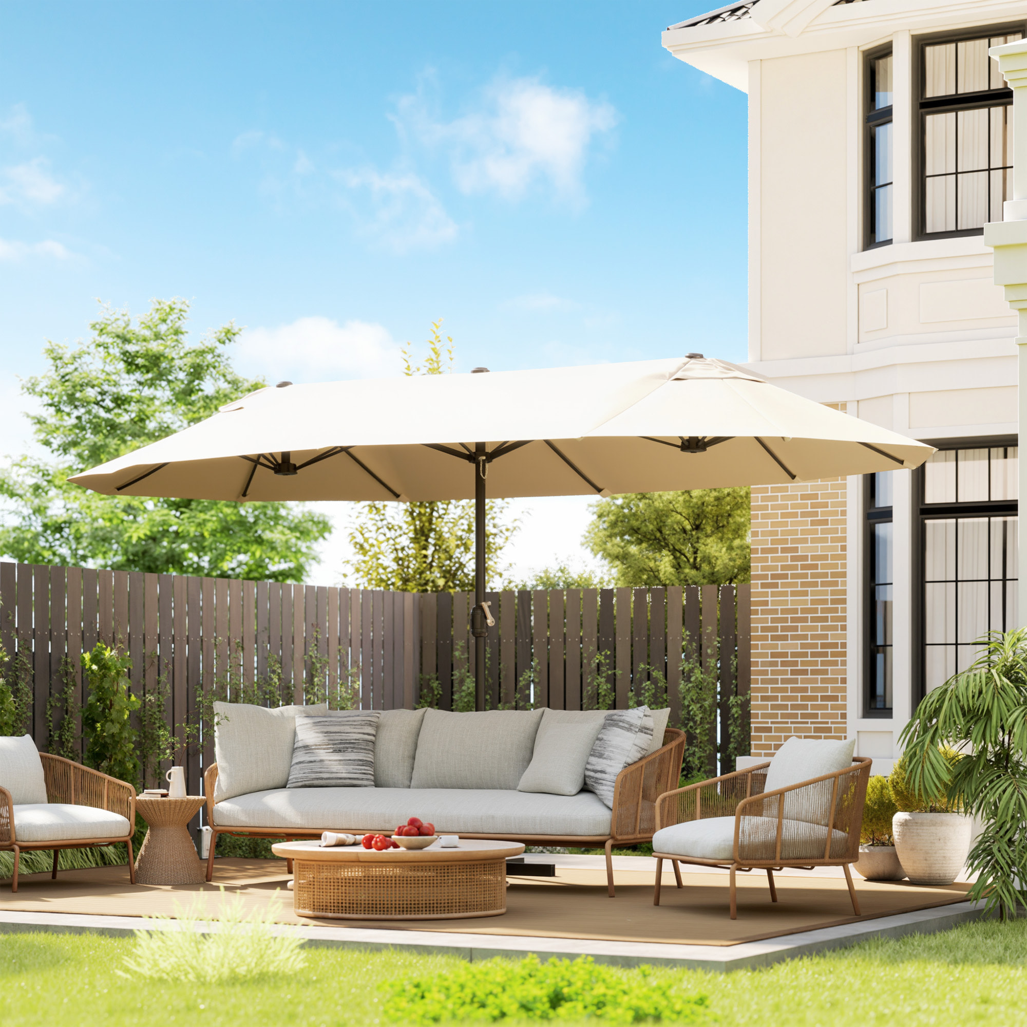 Parasol de jardin XXL parasol grande taille 4,6L x 2,7l x 2,4H m ouverture fermeture manivelle acier polyester haute densité crème