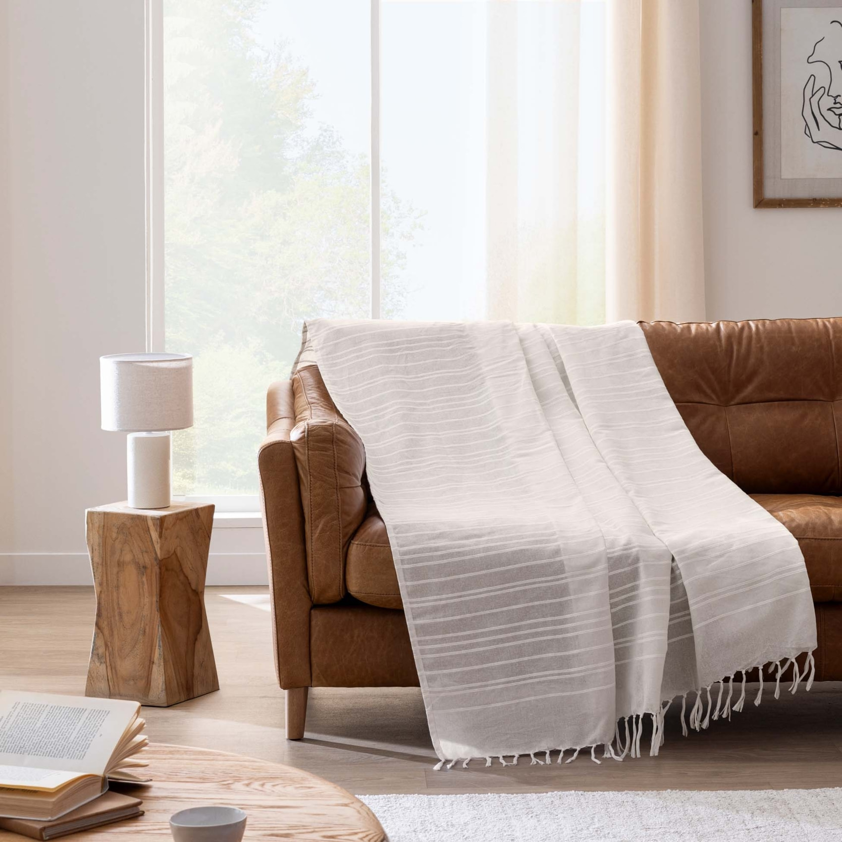 Plaid coton à franges grand format - Naturel