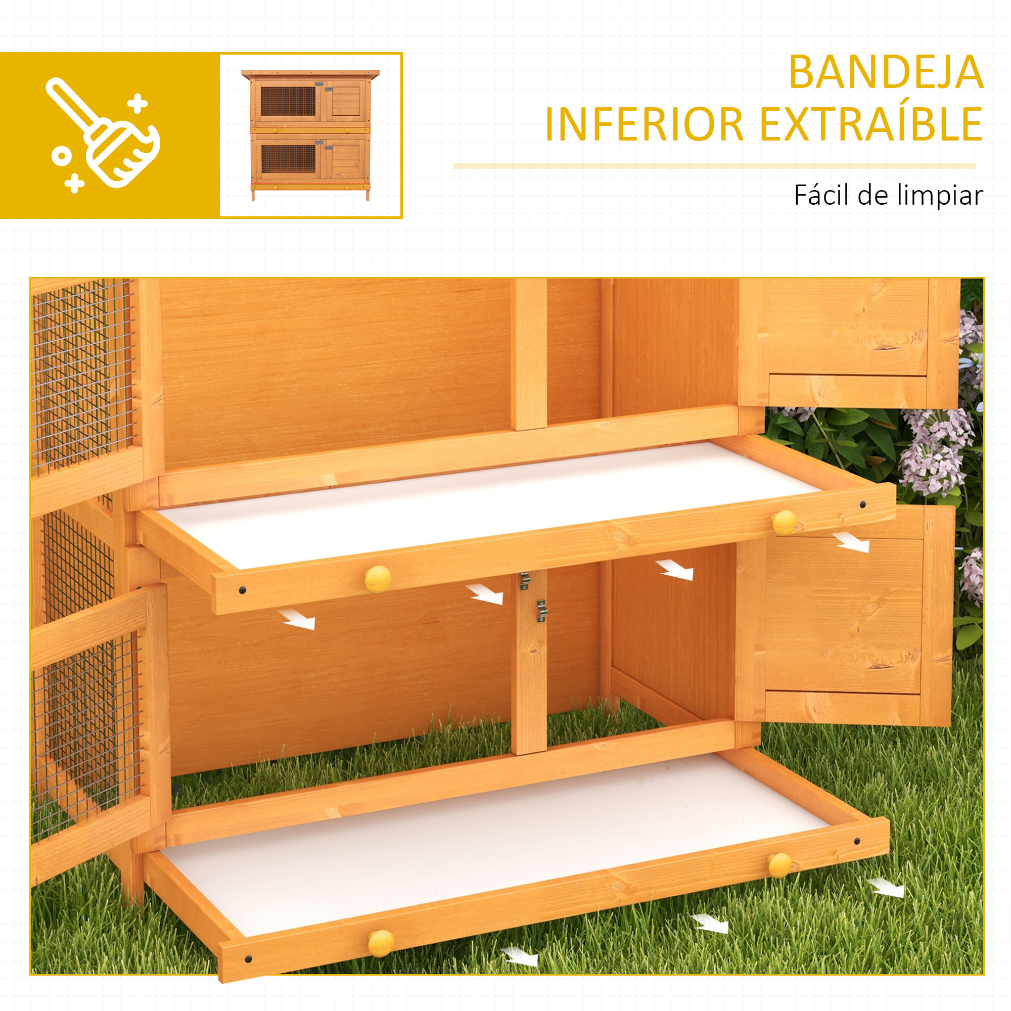 Conejera de Madera Exterior de 2 Niveles 90x45x90 cm para 1-2 Mascotas Pequeñas con Techo Asfáltico Abrible y 2 Bandejas