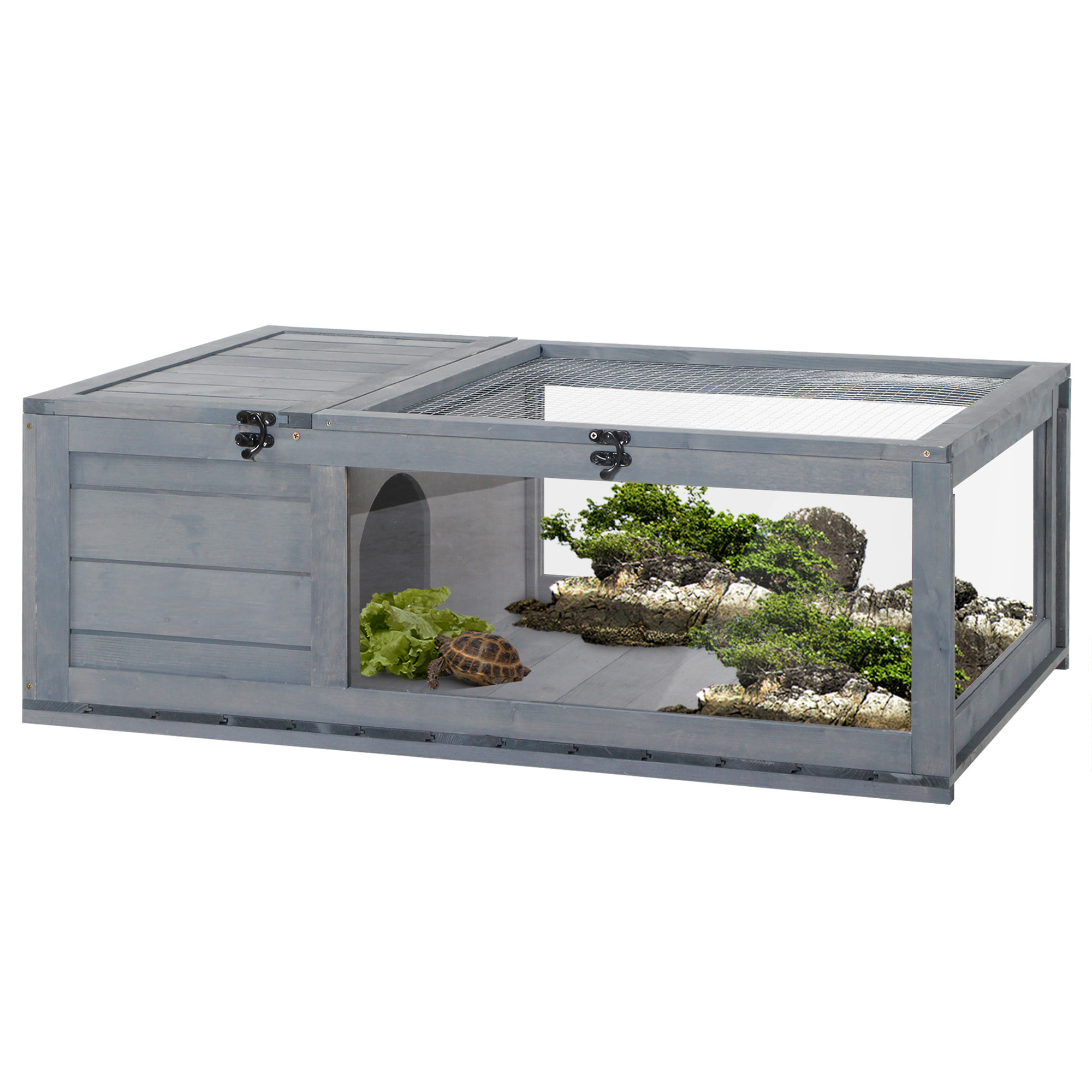 Casa para Tortugas de Madera Terrario para Reptiles con Techo de Malla Paneles Laterales Transparentes Extraíbles y Pestillo de Seguridad Caseta para Tortugas 91x60,5x32 cm Gris
