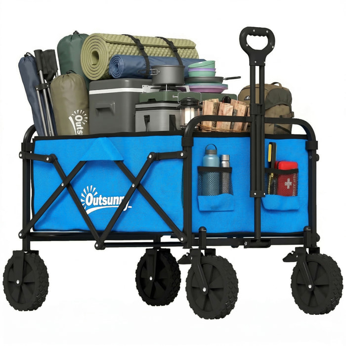 Carro Playa con Ruedas Grandes Bloqueables, Carro de Jardín Plegable con Mango Ajustable, Portavasos y Marco de Metal, Carga 80 kg, Carrito Transporte para Jardín, Campaña, Compras, Azul