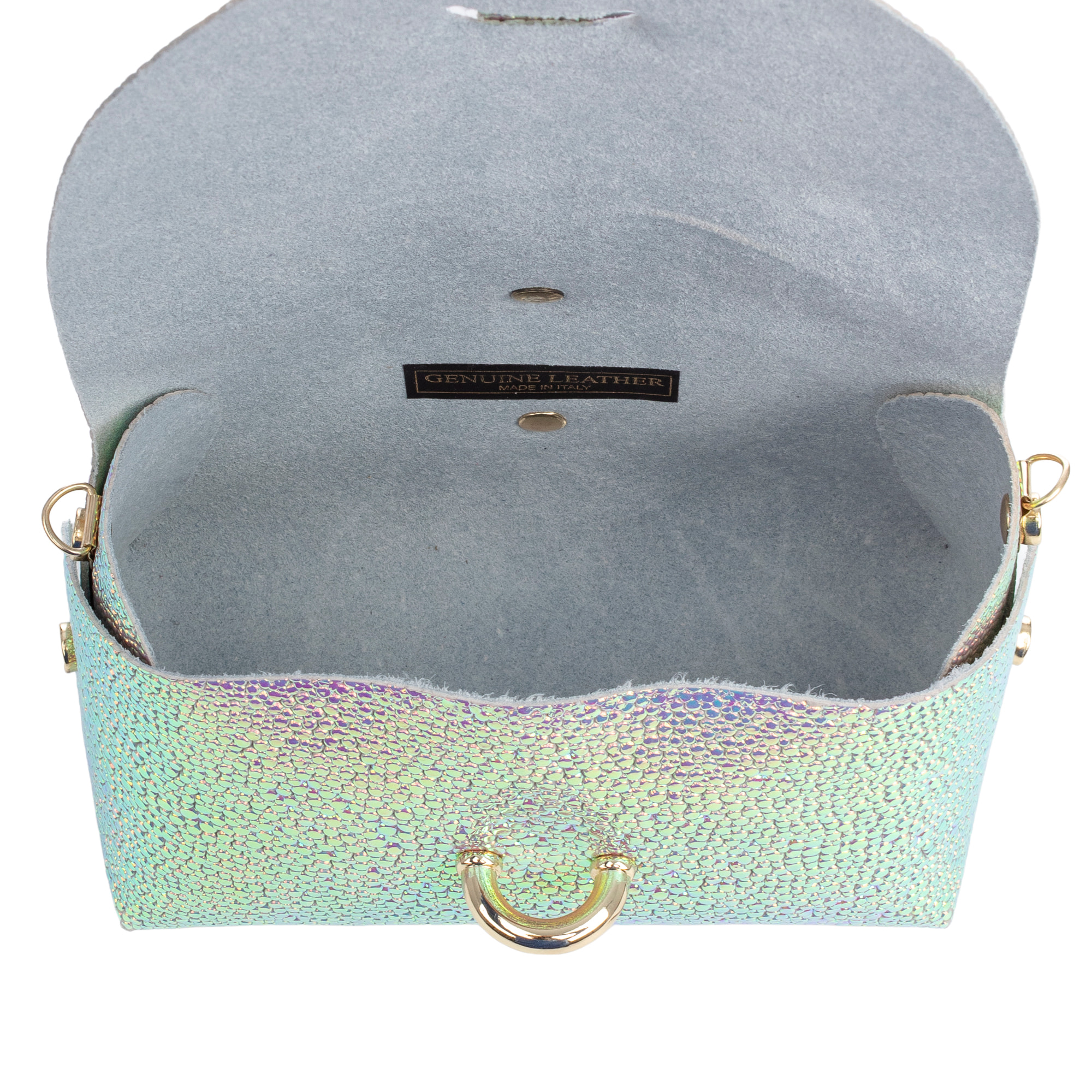 Aurora Borsa a tracolla Donna. Pelle scamosciata autentica finitura iridescente.