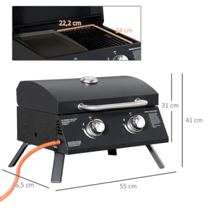 Outsunny Barbacoa de Mesa a Gas Plegable con 2 Quemadores Parrilla de Gas Portátil con Tapa Acero a Carbono para Camping Picnic al Aire Libre Jardín 55x46,5x41 cm Negro