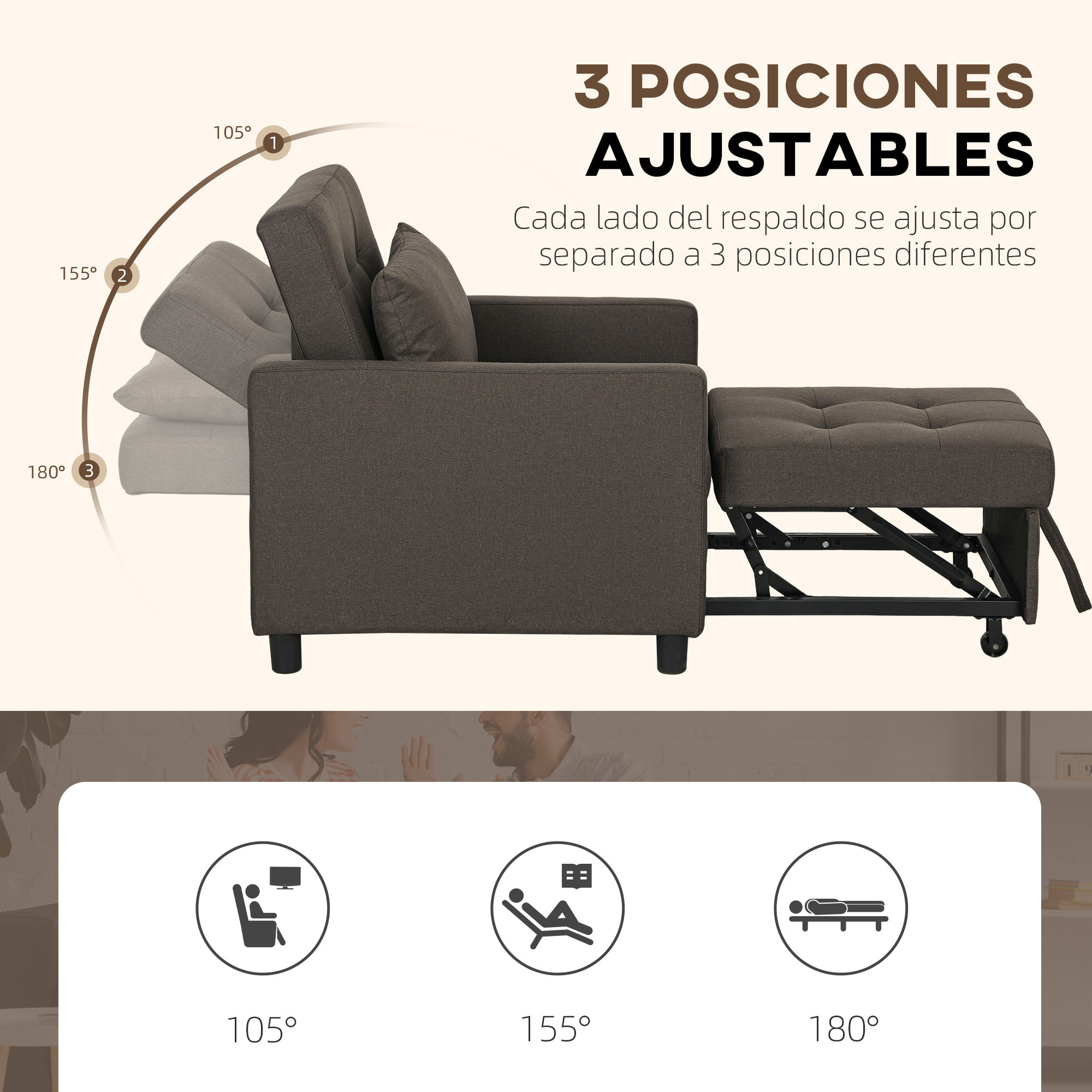 Sofá Cama de 1 Plaza 3 en 1, Sillón Cama Tapizado en Lino, con Respaldo Ajustable de 3 Niveles, Almohada Acolchada, para Oficina, Dormitorio, Salón, 69x82,5x84 cm, Marrón Oscuro