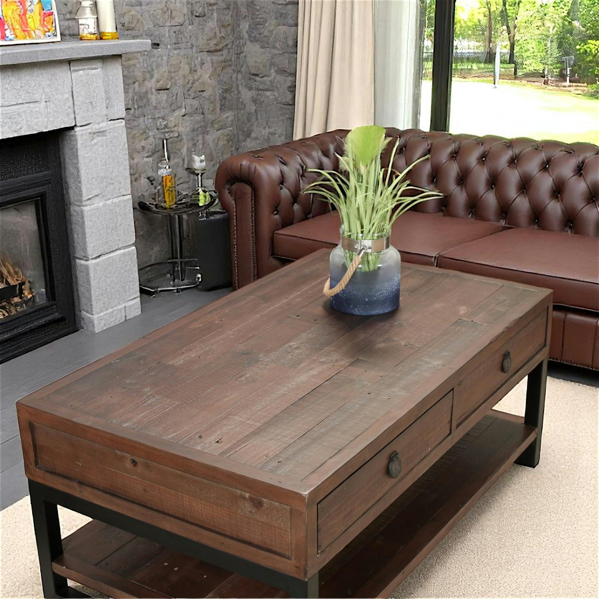 Table basse bois recyclé double plateau 2 tiroirs SAMOA