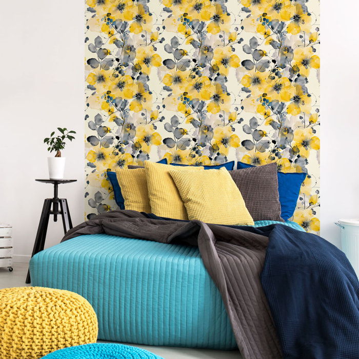 Papier peint intissé pré-encollé - SCANDINAVE FLEURS AQUARELLES JAUNES - 1 rouleau
