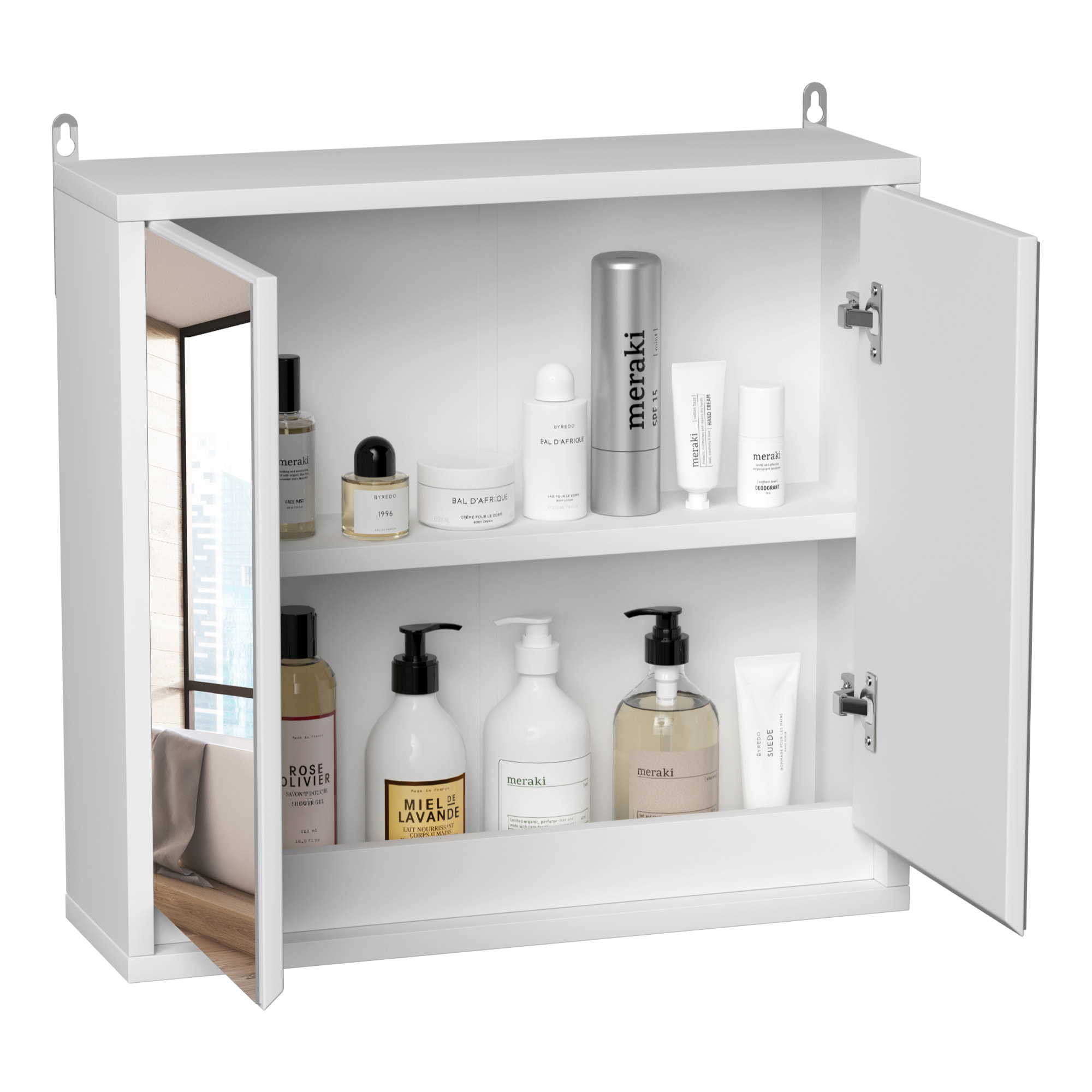 Armoire murale miroir salle de bain 2 étagères dim. 48L x 14l x 45H cm panneaux particules MDF blanc