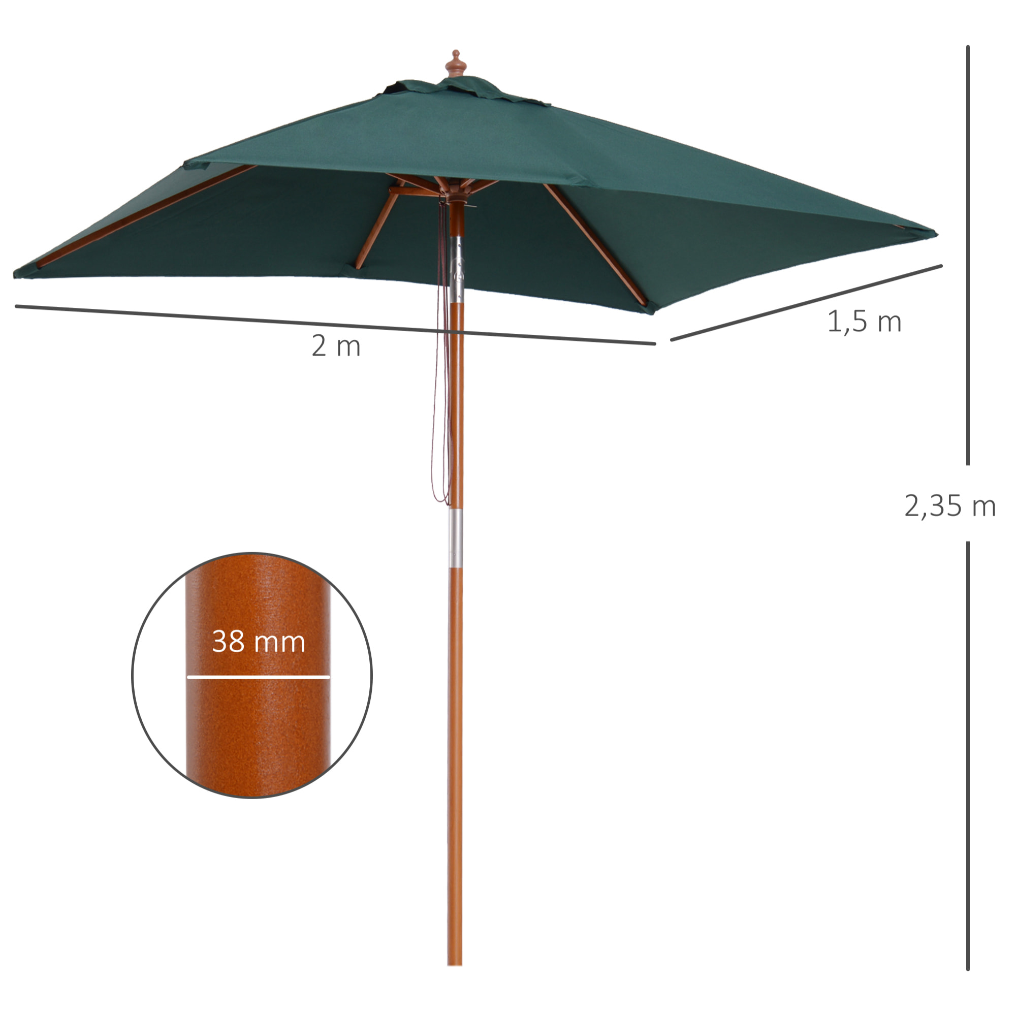 Outsunny Sombrilla de Jardín 200x150x230 cm Madera Inclinable con Manivela Verde