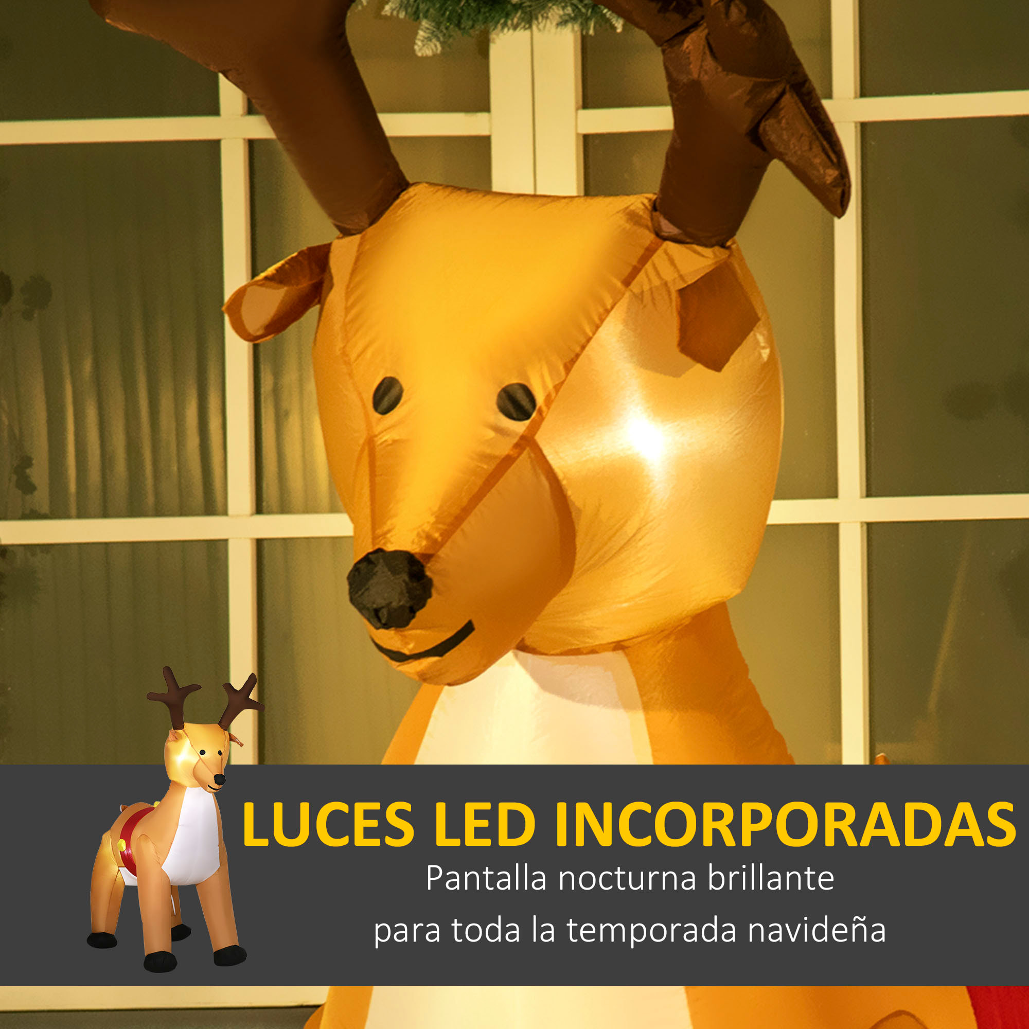 Reno Inflable de Navidad de 180 cm con Luces LED, Decoración Navideña con Ventilador Interno y Accesorios, Poliéster IP44 para Interior y Exterior, Marrón
