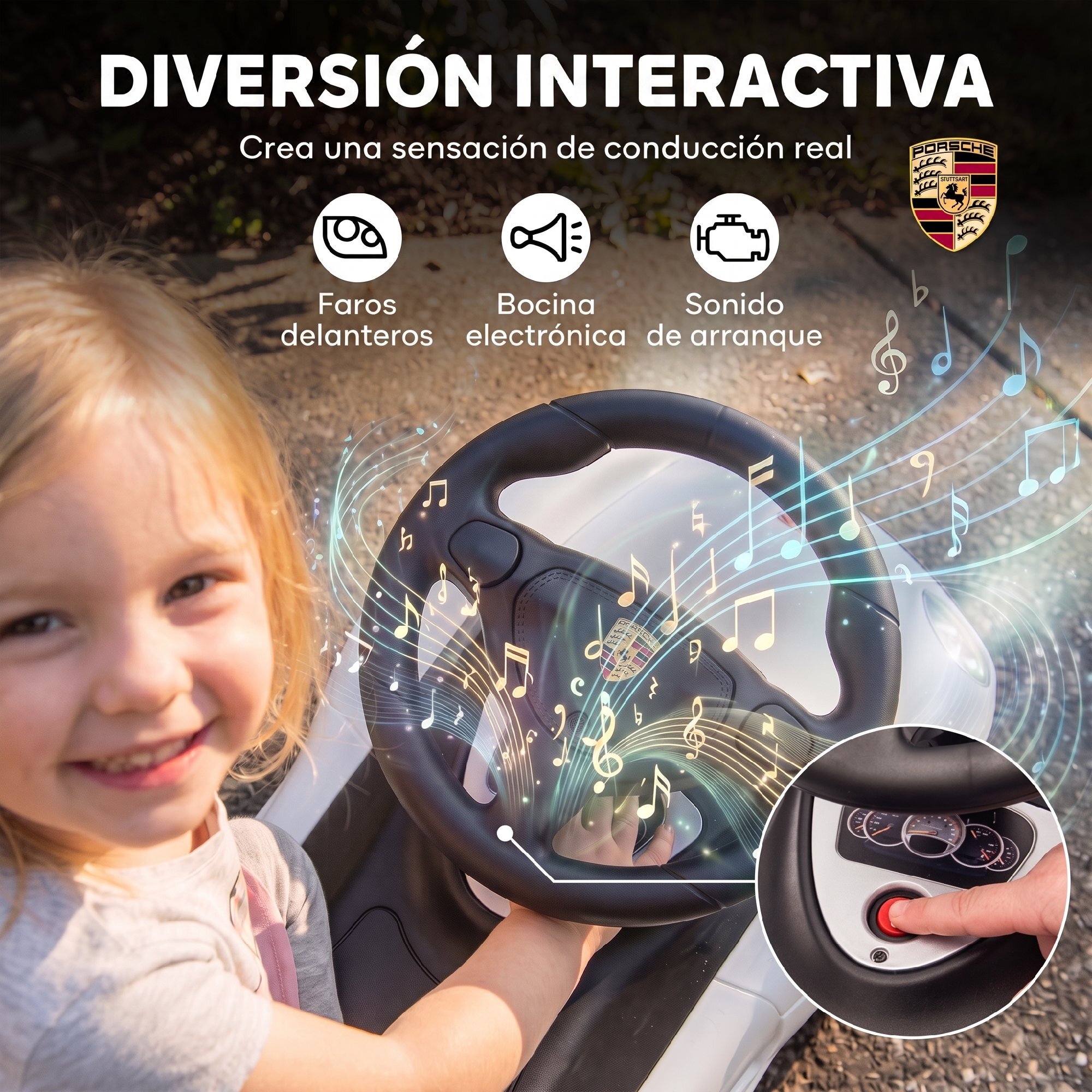 Correpasillos para Bebés de 18 a 36 Meses, Licencia de Porsche, Coche sin Pedales con 2 Faros, Bocina, Sonido de Arranque, para Interior y Exterior, 63x28,5x38 cm, Blanco