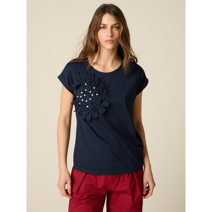 Oltre - Camiseta con aplicación y perlas - Azul