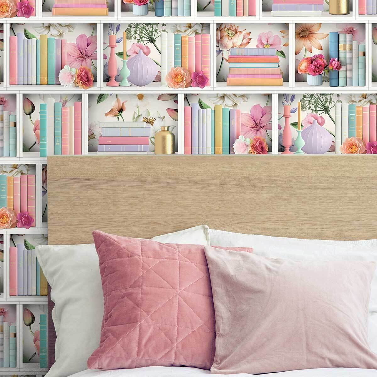 Papier peint bibliothèque avec livres et fleurs élégantes