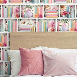 Papier peint bibliothèque avec livres et fleurs élégantes