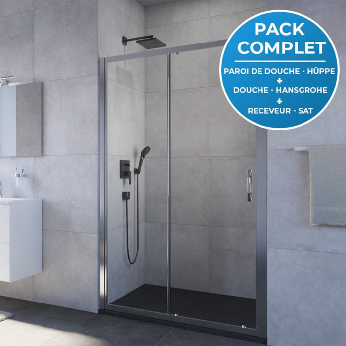 Pack douche : Porte coulissante 120cm + Set de douche tout en 1 + Receveur 120x90cm Noir