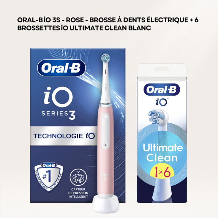Oral-B iO 3S - Rose - Brosse À Dents Électrique + 6 brossettes iO ultimate clean blanc