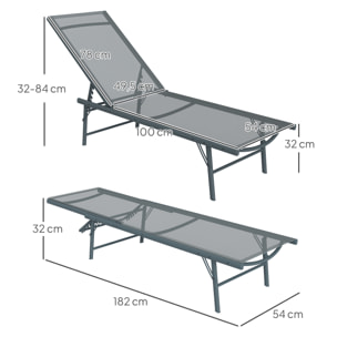 Pack de 2 Tumbonas Jardín Exterior Tumbonas Plegables Reclinables en 5 Posiciones con Estructura Metálica y Asiento de Malla Transpirable para Playa Piscina 164x54x84 cm Gris Claro