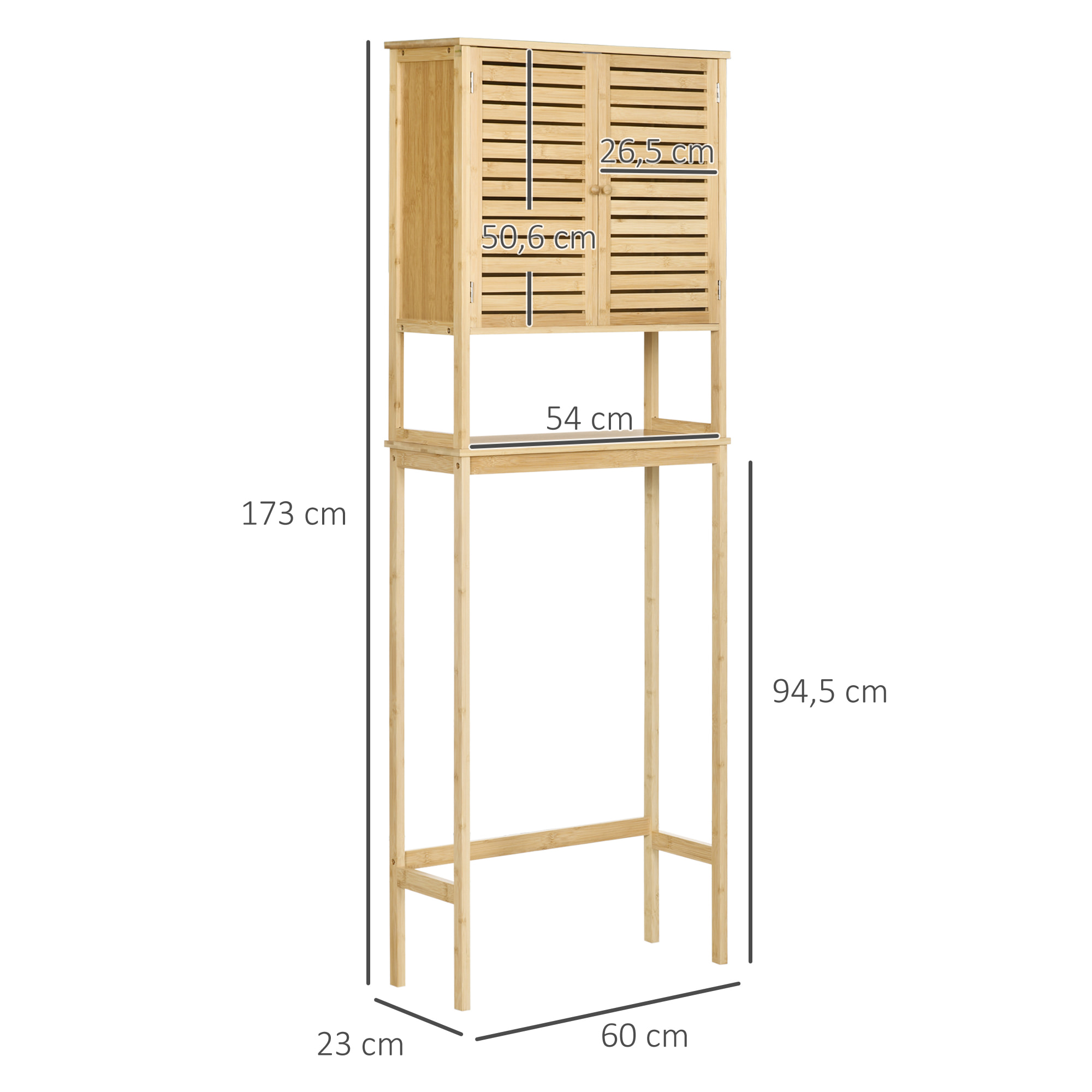 Meuble WC meuble dessus toilettes style cosy dim. 60L x 23l x 173H cm portes à lattes étagère bambou MDF aspect bois clair