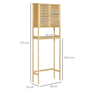 Meuble WC meuble dessus toilettes style cosy dim. 60L x 23l x 173H cm portes à lattes étagère bambou MDF aspect bois clair