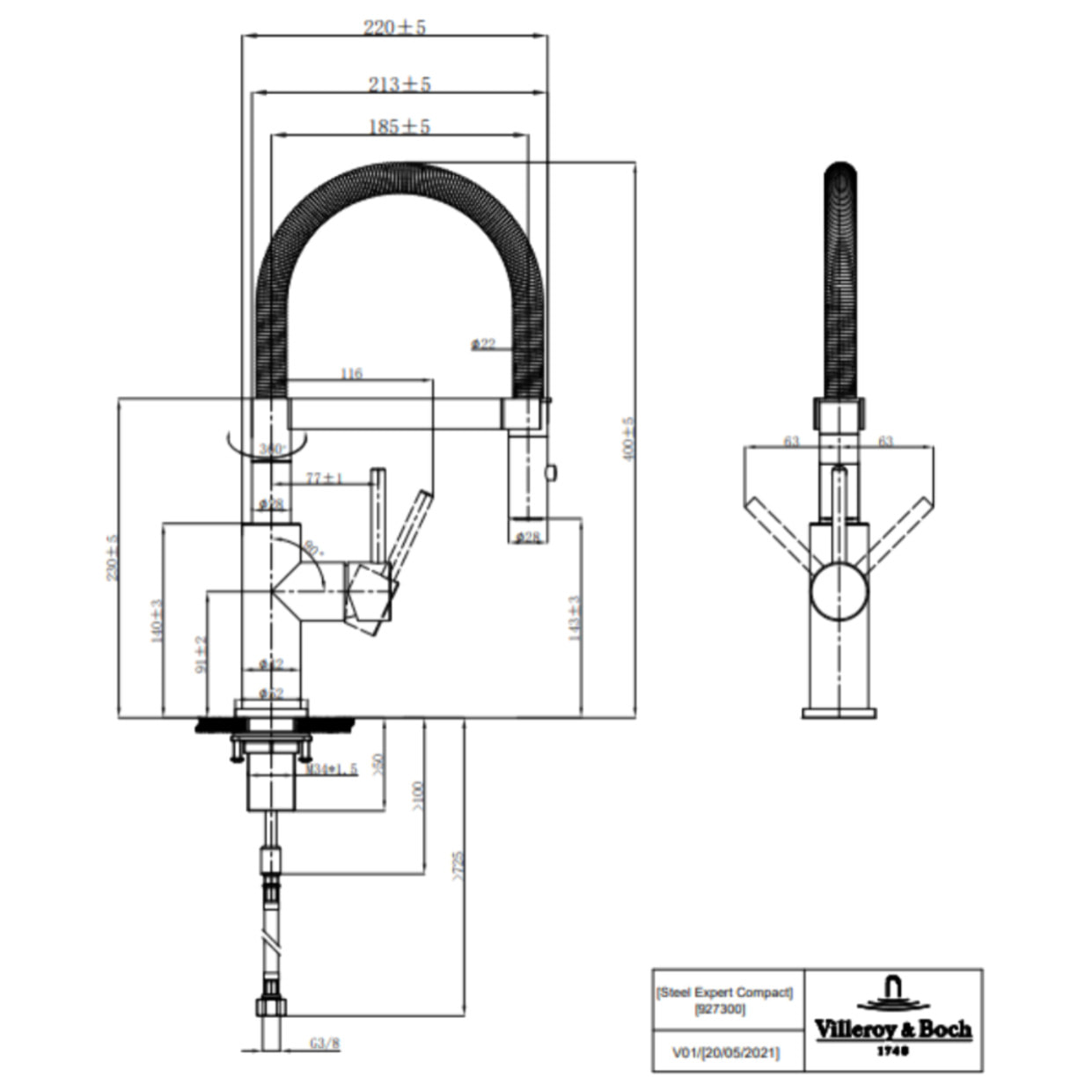 Evier Subway Pure 60 égouttoir à droite vidage auto + Robinet de cuisine Steel Expert Compact Acier Massif