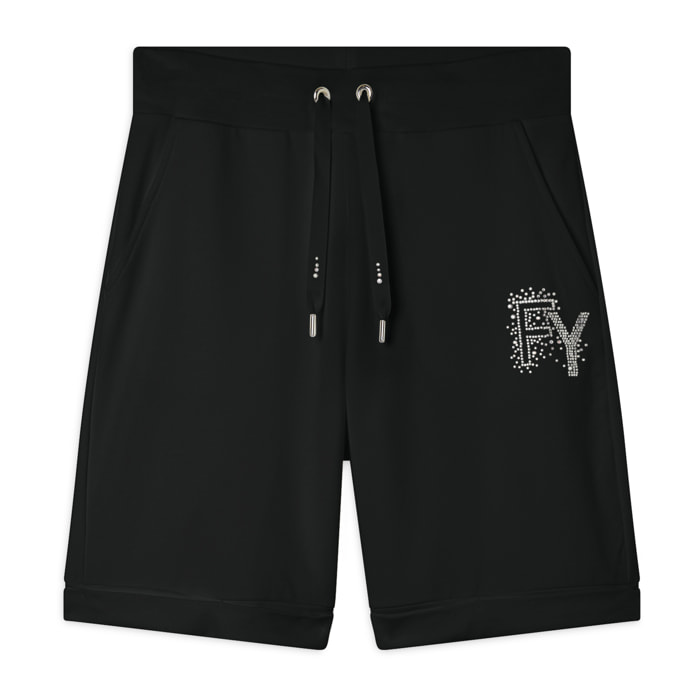 Pantaloni corti con Risvolto e Logo Strass