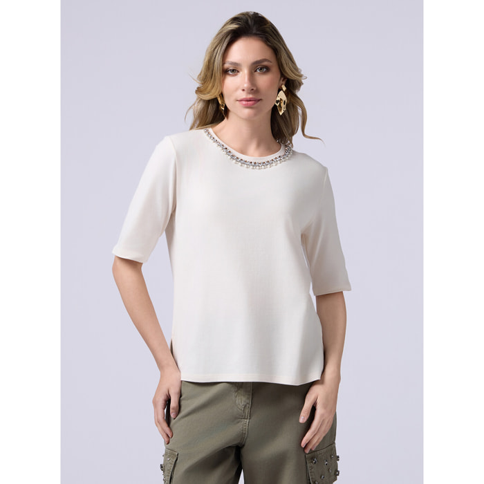 Oltre - T-shirt con ricamo gioiello - Bianco