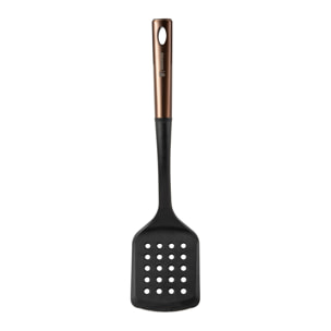 set de 3 utensilios de cocina: espátula ranurada, cuchara y cuhcarón en pbt negro y cobre