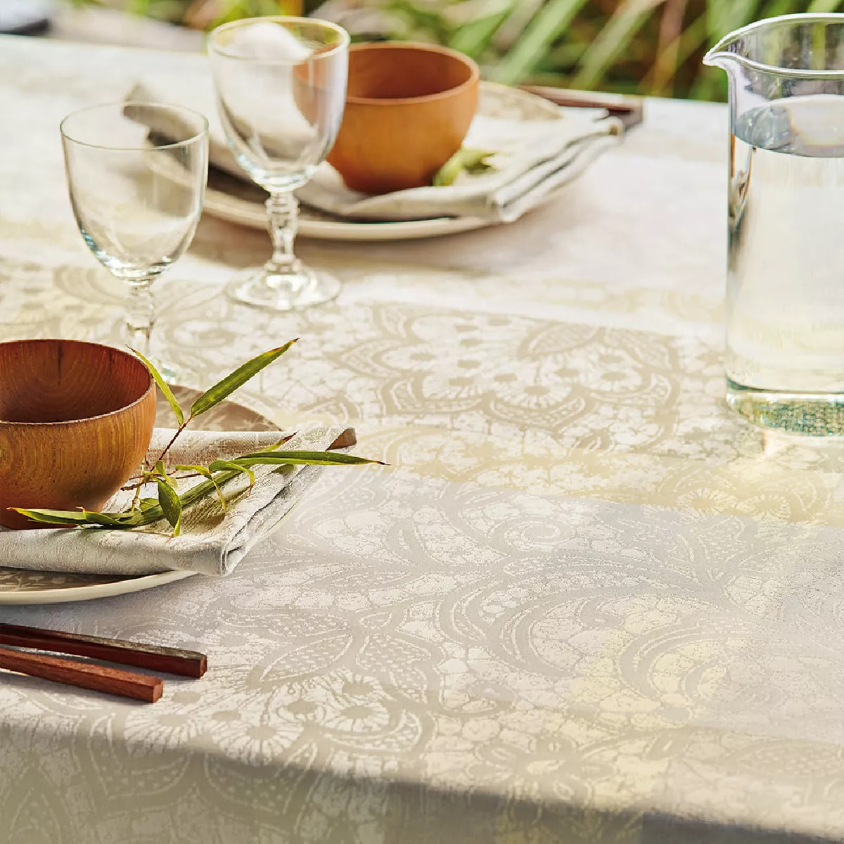 Nappe pur coton enduit motif jacquard beige Mille dentelles naturel